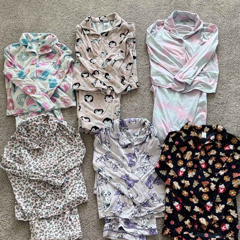 6 pairs of girls pajamas 10-12 large Disney Mickey donuts penguins dogs leopard